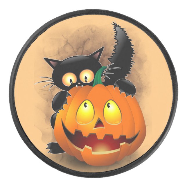 Cat Fun Halloween Character biting a Pumpkin Hockey Puck (Front)