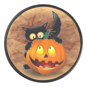 Cat Fun Halloween Character biting a Pumpkin Hockey Puck