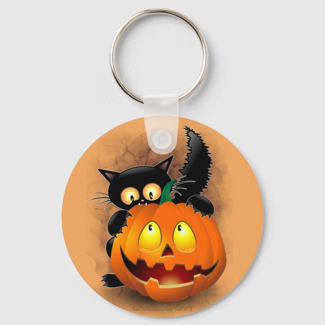 Cat Fun Halloween Character biting a Pumpkin Key Ring (Front)