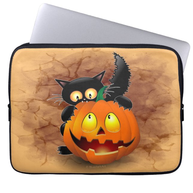 Cat Fun Halloween Character biting a Pumpkin Laptop Sleeve (Front)