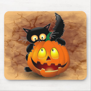 Cat Fun Halloween Character biting a Pumpkin Mouse Mat