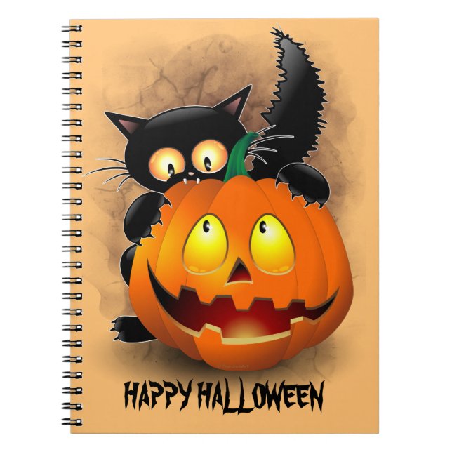 Cat Fun Halloween Character biting a Pumpkin Notebook (Front)