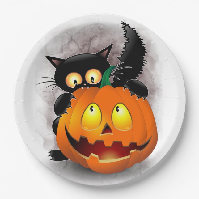 Cat Fun Halloween Character biting a Pumpkin Paper Plate (Front)