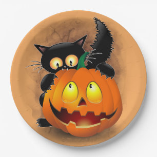 Cat Fun Halloween Character biting a Pumpkin  Paper Plate