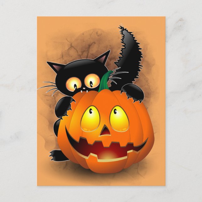 Cat Fun Halloween Character biting a Pumpkin Postcard (Front)