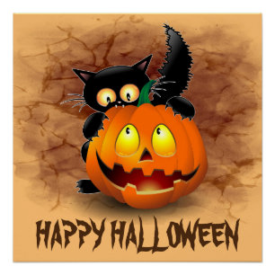 Cat Fun Halloween Character biting a Pumpkin Poster