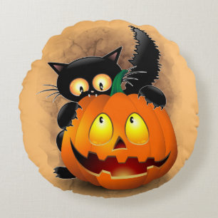Cat Fun Halloween Character biting a Pumpkin  Round Cushion