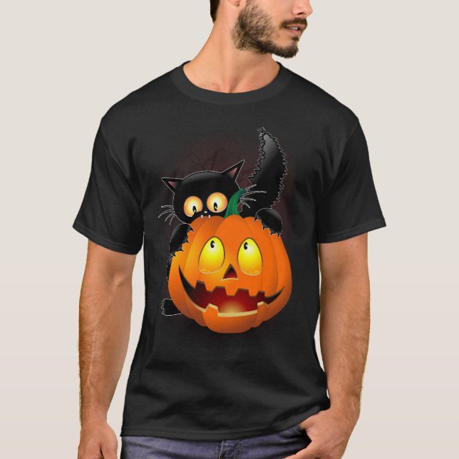 Cat Fun Halloween Character biting a Pumpkin T-Shirt (Front)