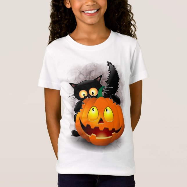 Cat Fun Halloween Character biting a Pumpkin T-Shirt (Front)