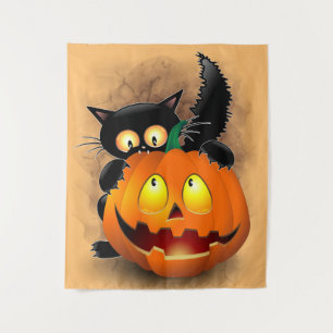 Cat Fun Halloween Character biting a Pumpkin   Tapestry
