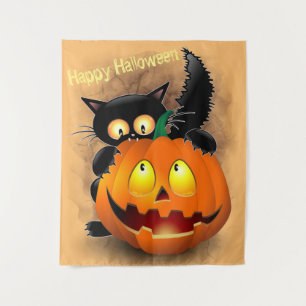 Cat Fun Halloween Character biting a Pumpkin     Tapestry