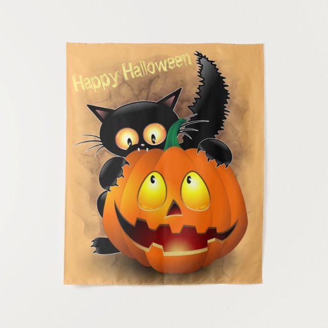 Cat Fun Halloween Character biting a Pumpkin Tapestry (Front)