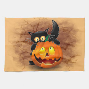 Cat Fun Halloween Character biting a Pumpkin Tea Towel