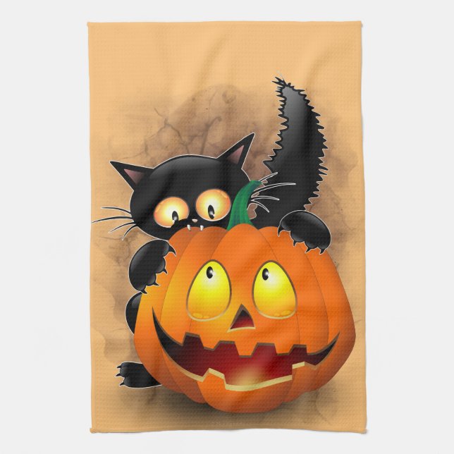 Cat Fun Halloween Character biting a Pumpkin Tea Towel (Vertical)