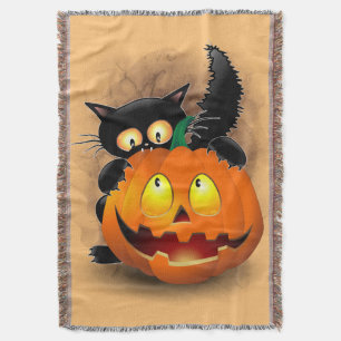 Cat Fun Halloween Character biting a Pumpkin Throw Blanket