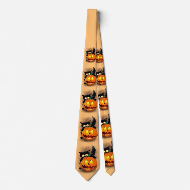 Cat Fun Halloween Character biting a Pumpkin Tie (Front)