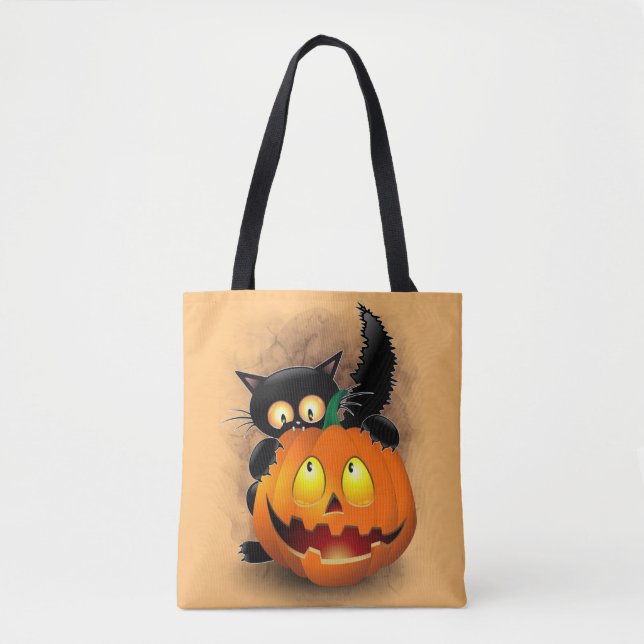 Cat Fun Halloween Character biting a Pumpkin Tote Bag (Front)