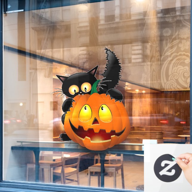 Cat Fun Halloween Character biting a Pumpkin Window Cling (Cafe Window)