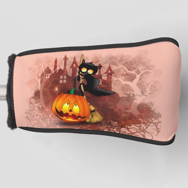 Cat Fun Halloween Character scared by a Pumpkin  Golf Head Cover (Front)
