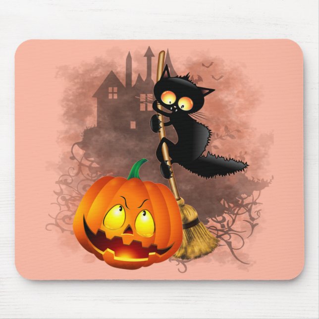 Cat Fun Halloween Character scared by a Pumpkin  Mouse Mat (Front)