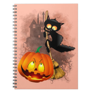 Cat Fun Halloween Character scared by a Pumpkin  Notebook