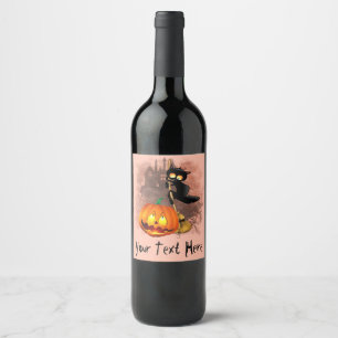 Cat Fun Halloween Character scared by a Pumpkin  Wine Label