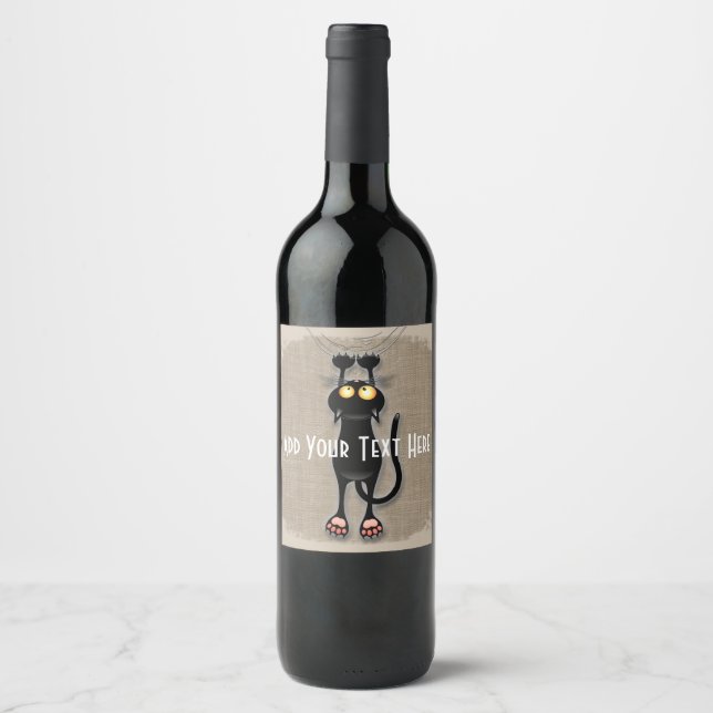 Cat funny Character Scratching Fabric Wine Label (Front)