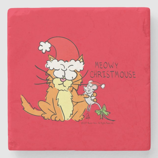 Cat Funny Christmas Cartoon Cute Mouse Stone Coaster (Front)