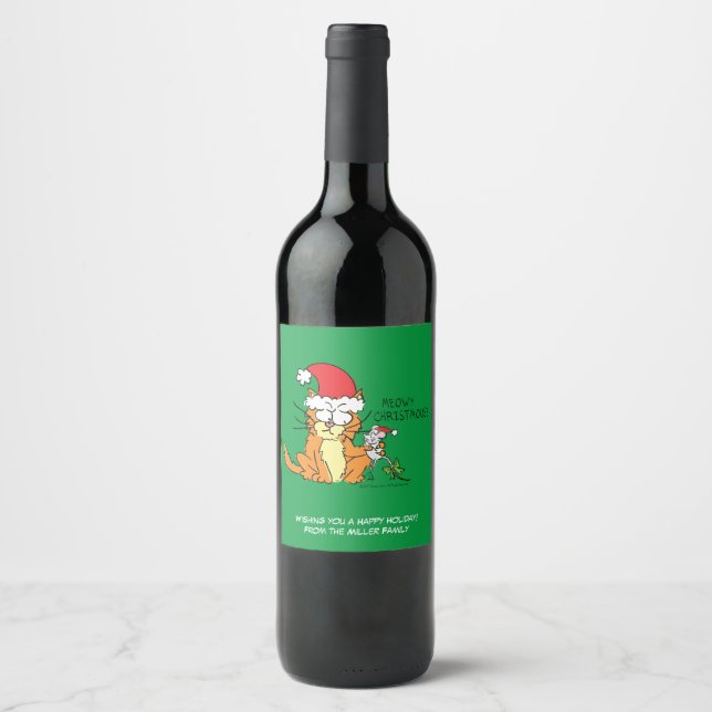 Cat Funny Christmas Cartoon Cute Mouse Wine Label (Front)