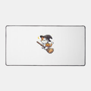 Cat Funny Witch Halloween Costume Broom Stick Boys Desk Mat