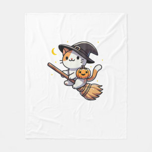 Cat Funny Witch Halloween Costume Broom Stick Boys Fleece Blanket