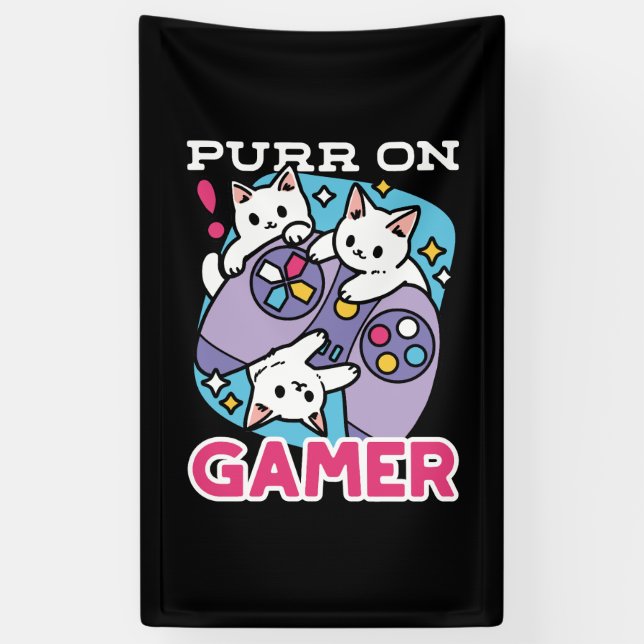  Cat Gamer Design - Purr On Gamer Joystick Art Banner (Vertical)