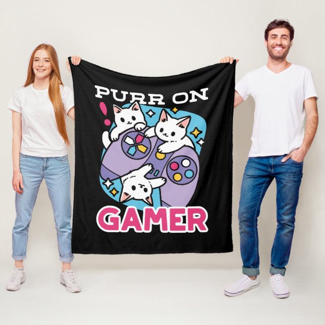  Cat Gamer Design - Purr On Gamer Joystick Art Fleece Blanket (In Situ)
