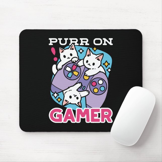  Cat Gamer Design - Purr On Gamer Joystick Art Mouse Mat (With Mouse)
