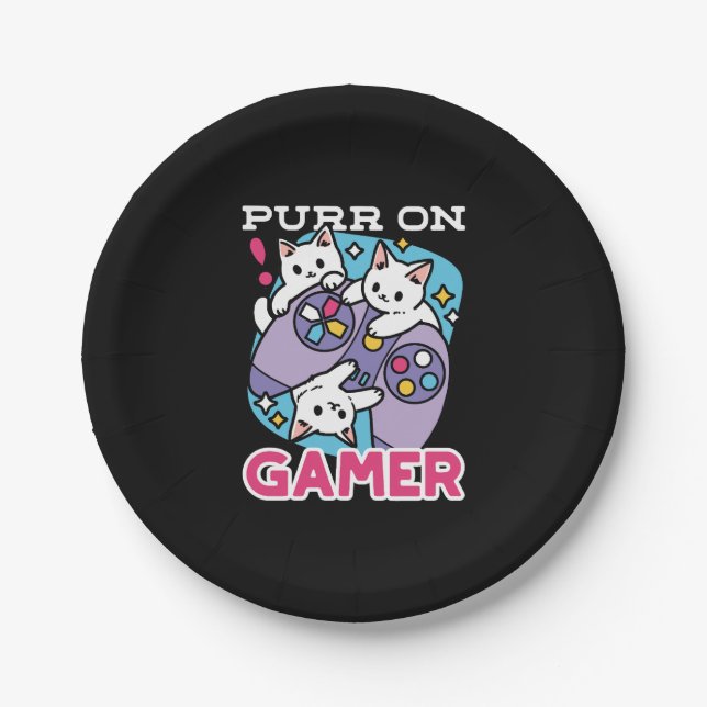  Cat Gamer Design - Purr On Gamer Joystick Art Paper Plate (Front)