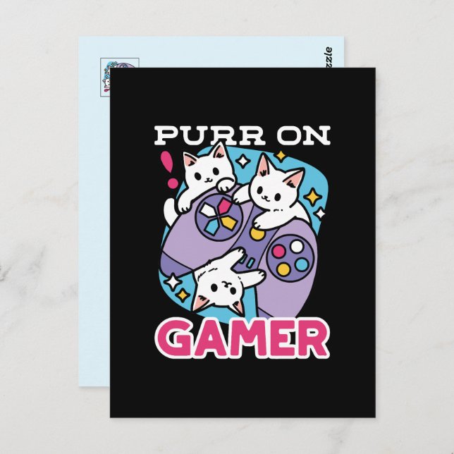  Cat Gamer Design - Purr On Gamer Joystick Art Postcard (Front/Back)