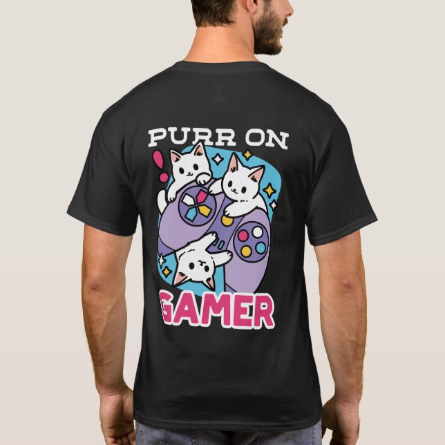 Cat Gamer Design - Purr On Gamer Joystick Art T-Shirt (Back)