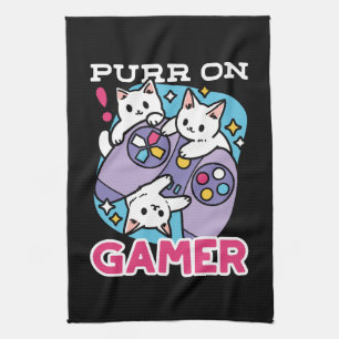 Cat Gamer Design - Purr On Gamer Joystick Art Tea Towel