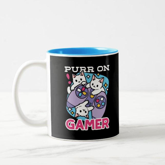  Cat Gamer Design - Purr On Gamer Joystick Art Two-Tone Coffee Mug (Left)