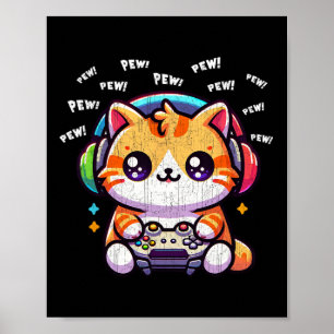 Cat Gamer Pew Funny Video Games Vintage Boys Men G Poster