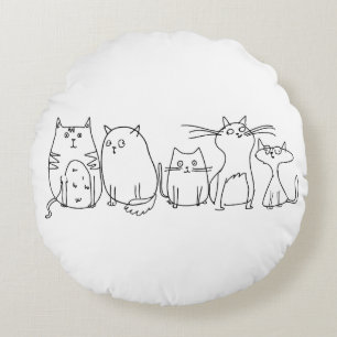 Cat gang Line Art Cartoon illustration Round Cushion