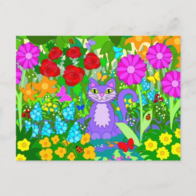 Cat Garden Colourful Flowers Butterflies Ladybugs Postcard (Front)