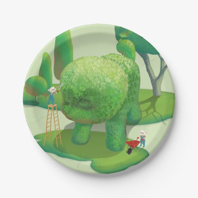 Cat Gardeners and Green Animal Bush Paper Plate (Front)