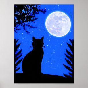 Cat Gazing at the Full Moon  Poster