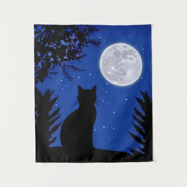 Cat Gazing at the Full Moon  Tapestry (Front)