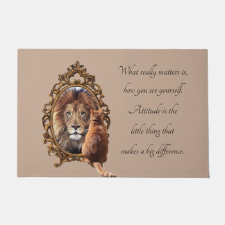 Cat Gazing Mirror Lion Inspirational Text Vintage Doormat