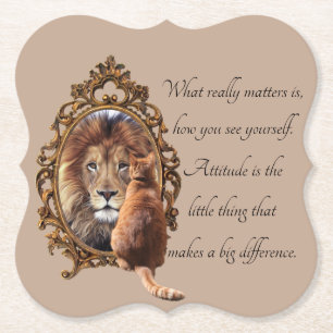 Cat Gazing Mirror Lion Inspirational Text Vintage  Paper Coaster