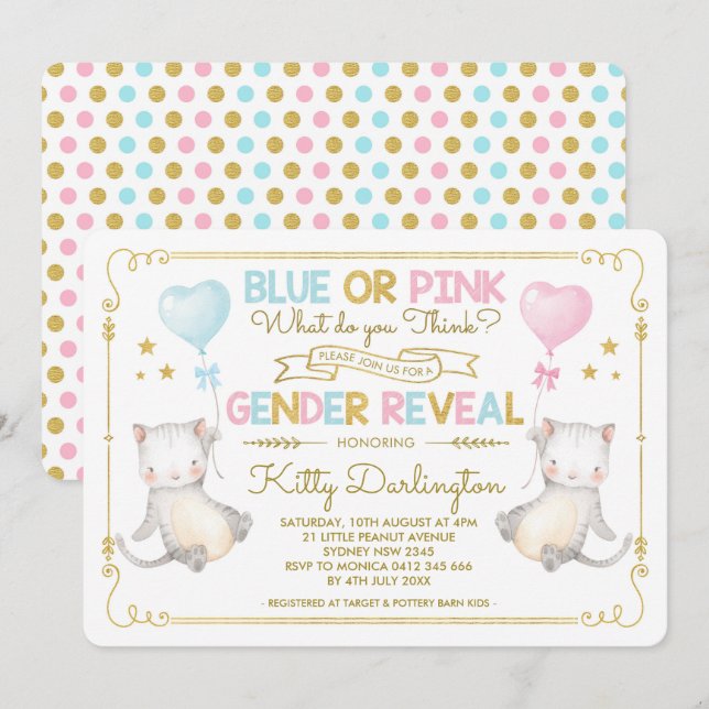 Cat Gender Reveal Kitten Baby Shower Boy or Girl Invitation (Front/Back)