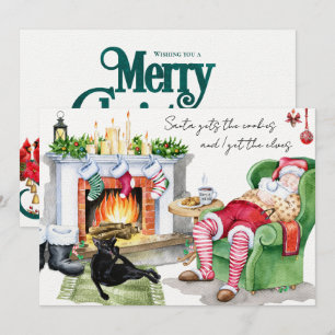 Cat Gets the Elves Funny Santa Christmas Greeting Card