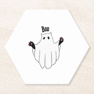 Cat Ghost Boo Halloween Funny Spooky Black Cat Paper Coaster